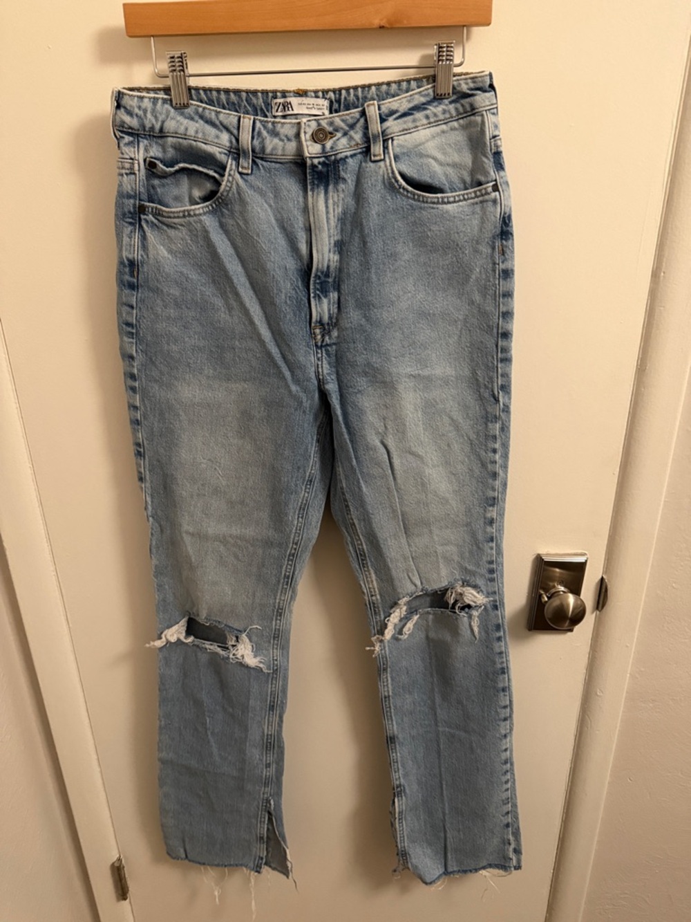 Zara Light Wash Distressed Straight-Leg Jeans